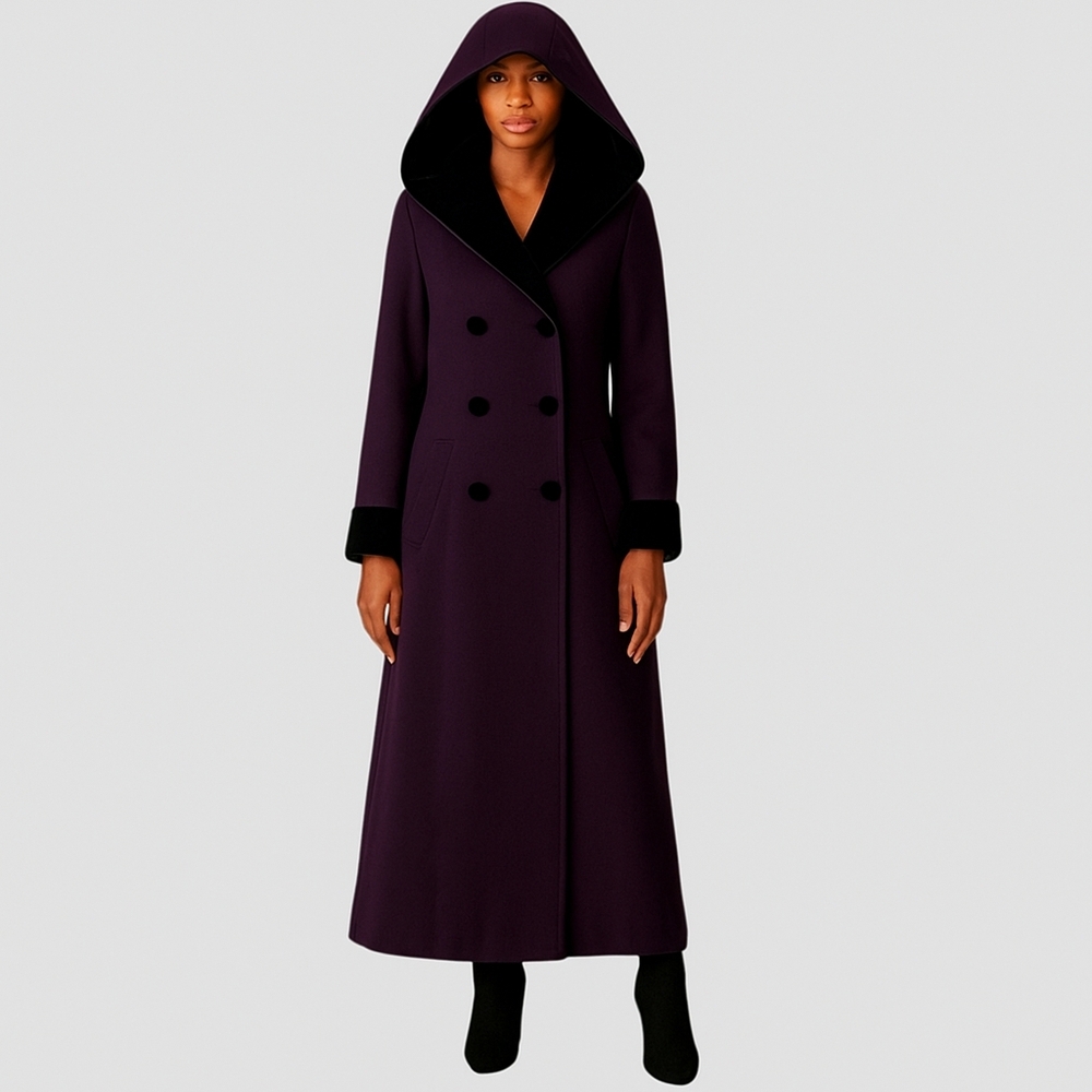 Vintage Halston Wool Velvet Hooded Maxi Coat Women’s Size 6 Purple Black 90s